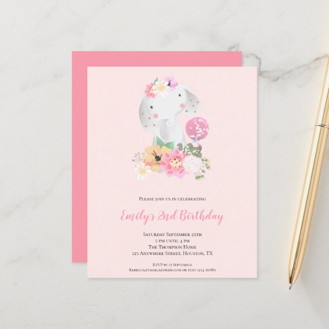 Budget Elephant Pink Girl 2nd Birthday Invitation (Front/Back In Situ)