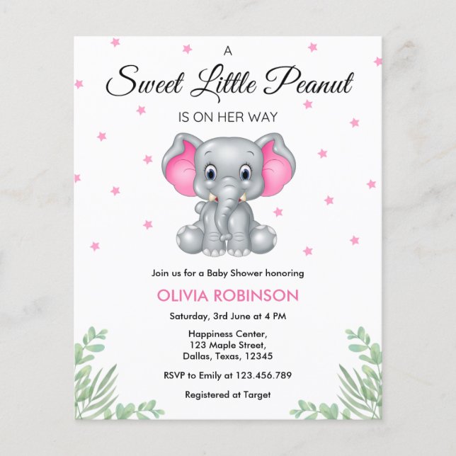 Budget Elephant Pink Girl Baby Shower Invitation  Flyer (Front)
