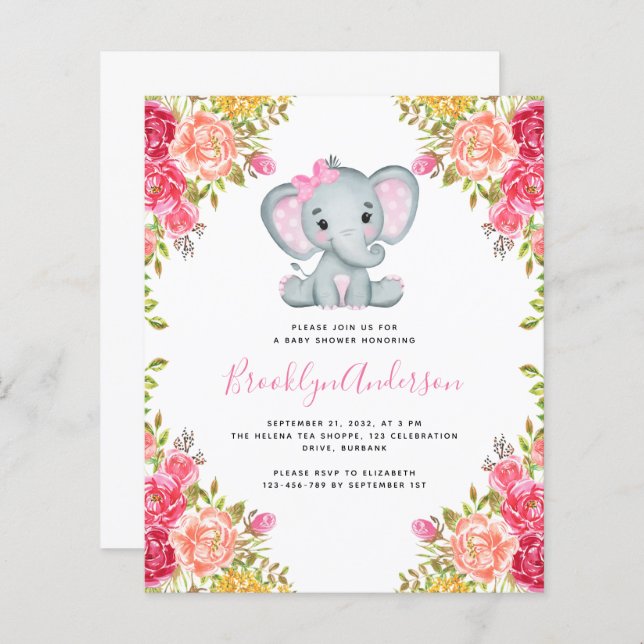 BUDGET Elephant QR Code Baby Shower Invitation (Front/Back)