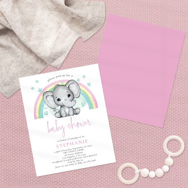 Budget Elephant Rainbow Pink Baby Shower Invite (Creator Uploaded)