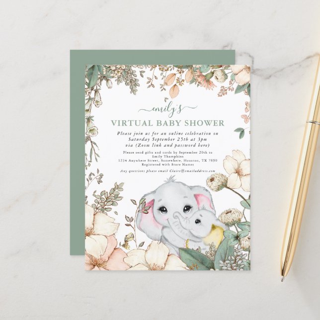 Budget Elephant Sage Virtual Baby Shower Invite (Front/Back In Situ)