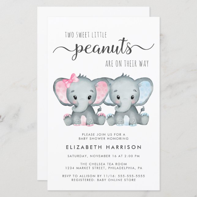 Budget Elephant Twin Boy Girl Baby Shower Invite (Front/Back)