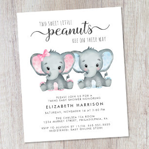 Budget Elephant Twin Boy Girl Baby Shower Invite