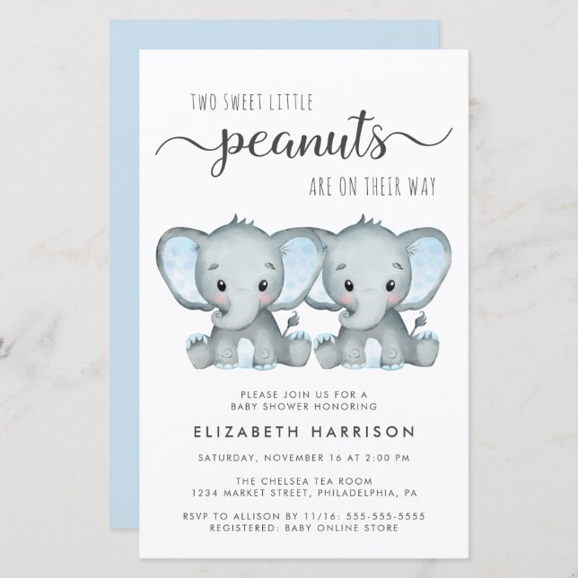Budget Elephant Twin Boys Baby Shower Invitation (Front/Back)