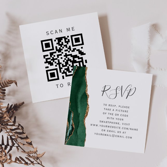 Budget Emerald Gold Agate Wedding QR Code RSVP Enclosure Card (Creator Uploaded)