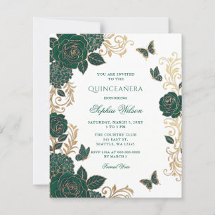 Budget Emerald Gold Floral Butterfly Quinceañera