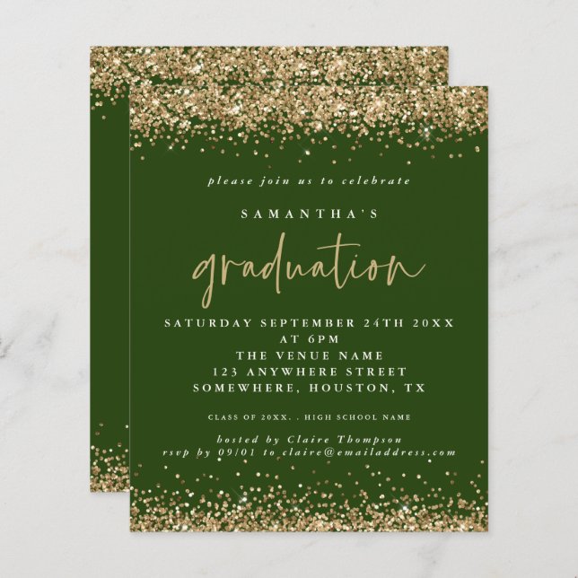 Budget Emerald Gold Glitter 2024 Graduation Invite (Front/Back)