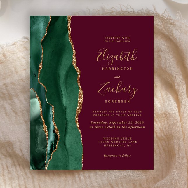 Budget Emerald Green Agate Burgundy Wedding Invite (Creator Uploaded)