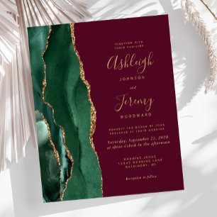 Budget Emerald Green Agate Burgundy Wedding Invite