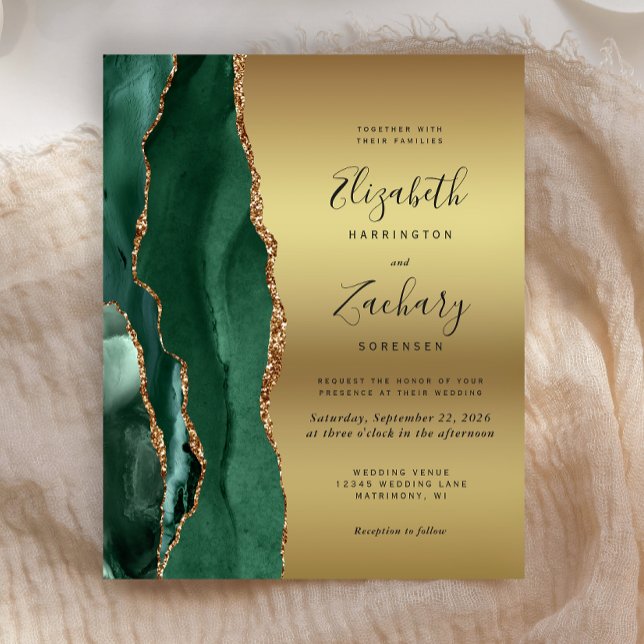 Budget Emerald Green Agate Gold Wedding Invite (Creator Uploaded)