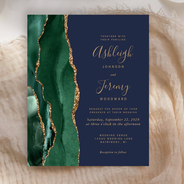 Budget Emerald Green Agate Navy Wedding Invitation (Creator Uploaded)