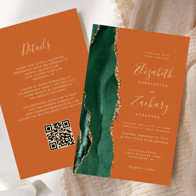 Budget Emerald Green Agate Rust QR Code Wedding (Creator Uploaded)