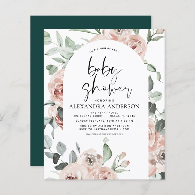 Budget Emerald Green Baby Shower Floral Invitation (Front/Back)