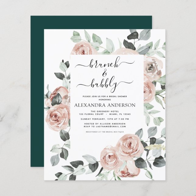 Budget Emerald Green Brunch & Bubbly Bridal Shower (Front/Back)
