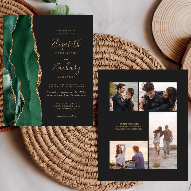 Budget Emerald Green Dark 4-Photo Wedding Invite (Creator Uploaded)