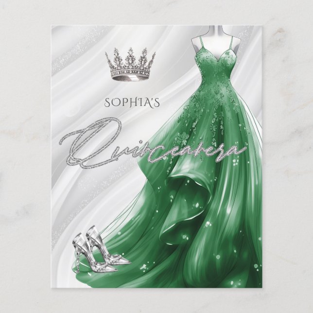 Budget Emerald Green Dress Quinceañera Invitation (Front)