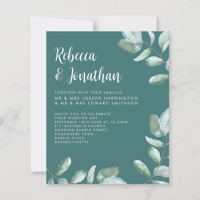Budget Emerald Green Eucalyptus Wedding Invitation (Front)