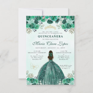 Budget Emerald Green Floral Princess Quinceañera Card