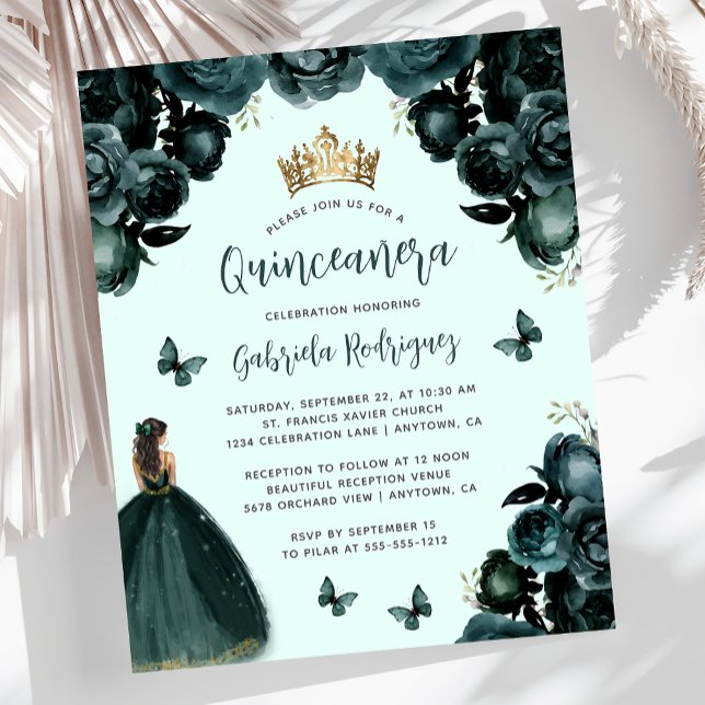 Budget Emerald Green Floral Quinceañera Invite (Creator Uploaded)