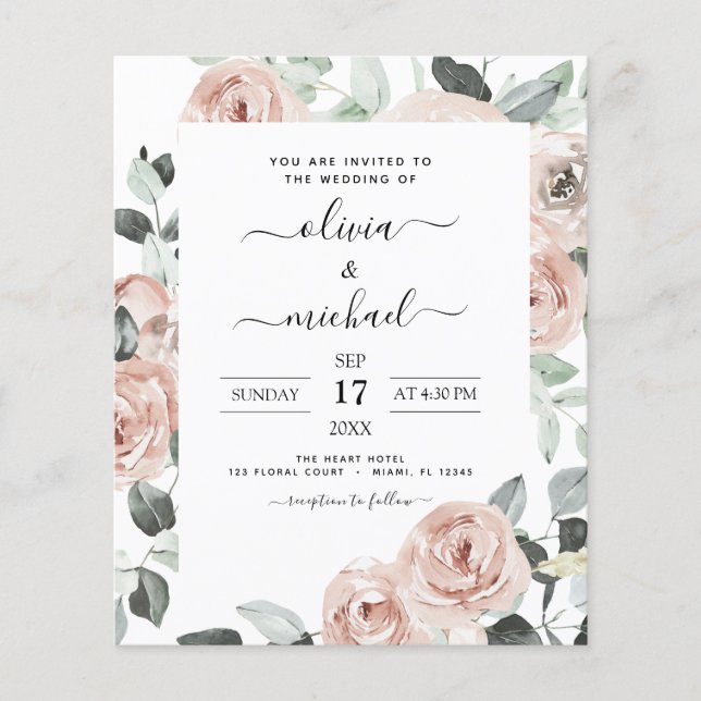 Budget Emerald Green Floral Wedding Invitation Flyer (Front)