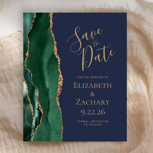 Budget Emerald Green Gold Agate Navy Save the Date (Creator Uploaded)