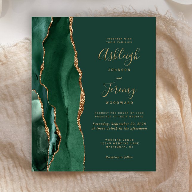 Budget Emerald Green Gold Agate Wedding Invitation (Creator Uploaded)