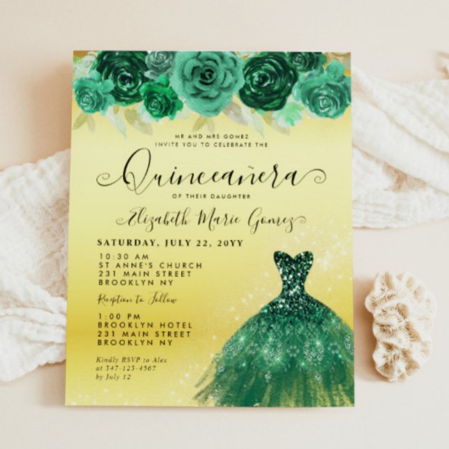 Budget Emerald Green Gold Dress Floral Quinceanera (Budget Emerald Green Gold Dress Floral Quinceanera Birthday Invitation)