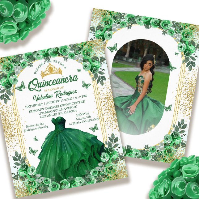 Budget Emerald Green Gold Floral Quinceanera Flyer (Budget Emerald Green Gold Floral Quinceanera Flyer)