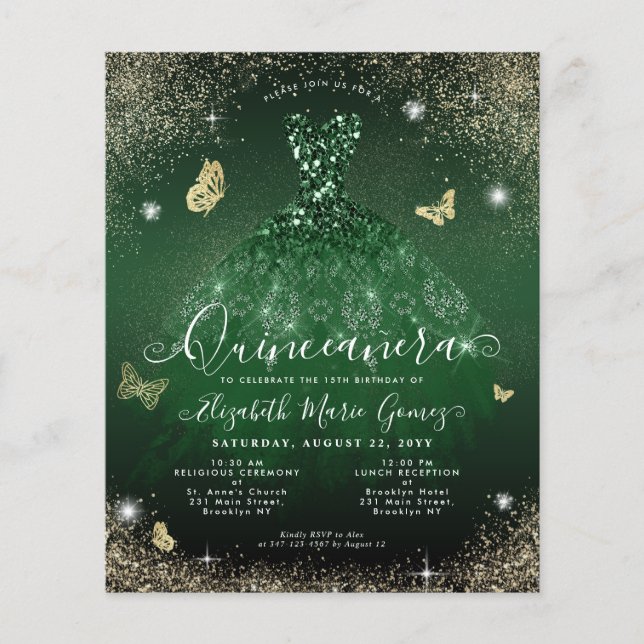 Budget Emerald Green Gold Gown Quinceanera Card (Front)