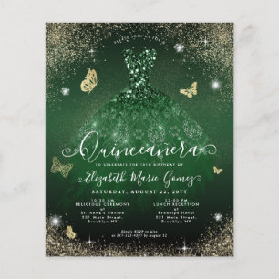 Budget Emerald Green Gold Gown Quinceanera Card