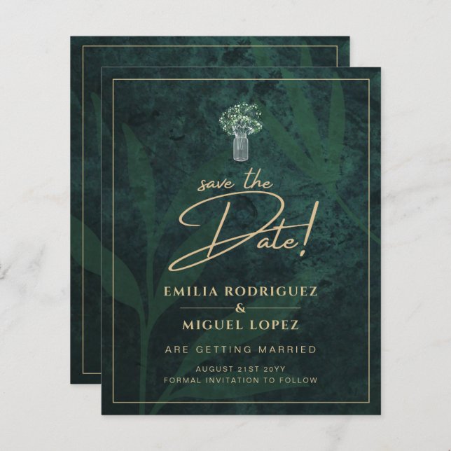 Budget Emerald Green Gold Modern Wedding Invite (Front/Back)