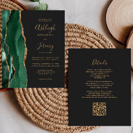 Budget Emerald Green Gold QR Code Wedding Invite