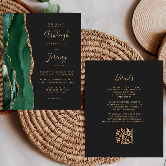 Budget Emerald Green Gold QR Code Wedding Invite (Creator Uploaded)