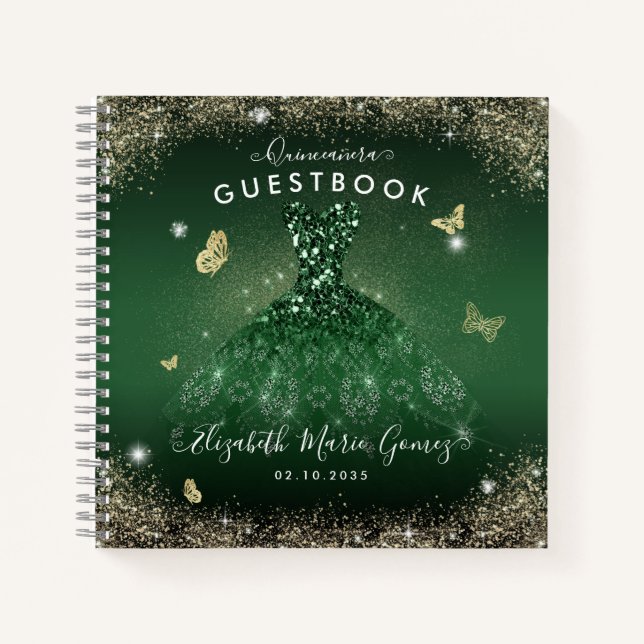 Budget Emerald Green Gold Quinceanera Guestbook  Notebook (Front)