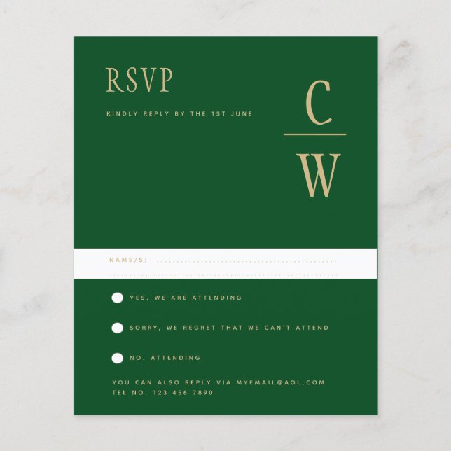 BUDGET Emerald Green Gold Wedding RSVP (Front)