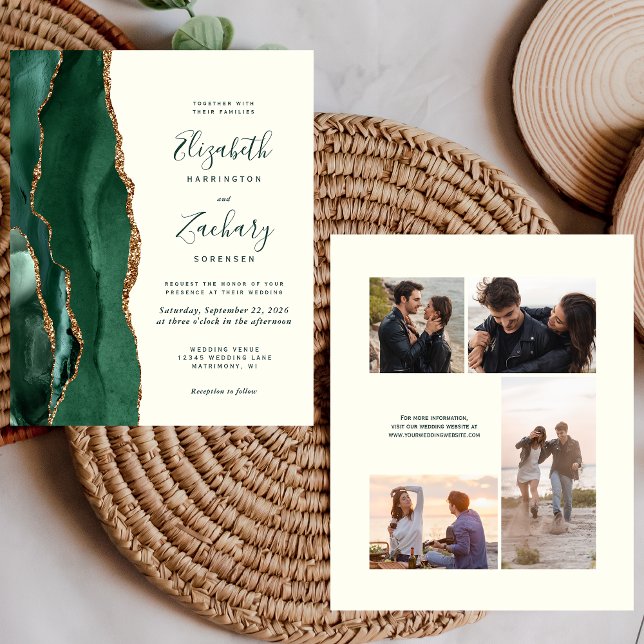 Budget Emerald Green Ivory 4-Photo Wedding Invite (Creator Uploaded)