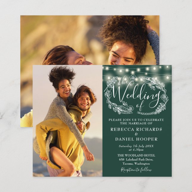 Budget Emerald Green Lights 2 Photo Wedding Invite (Front/Back)