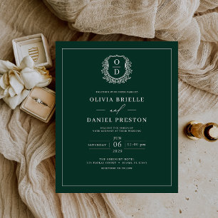 Budget Emerald Green Monogram Wedding Invitation