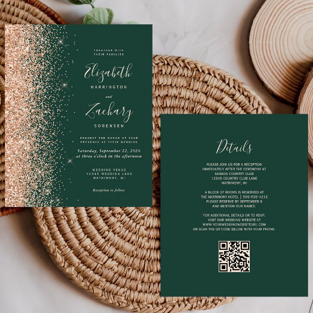 Budget Emerald Green Peach QR Code Wedding Invite (Creator Uploaded)