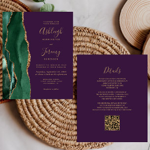 Budget Emerald Green Purple QR Code Wedding Invite