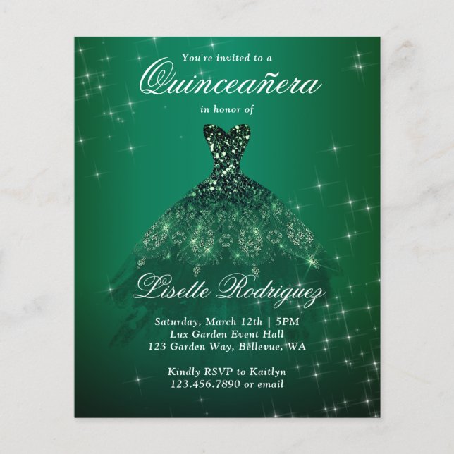 Budget Emerald Green Quinceanera Invitation (Front)