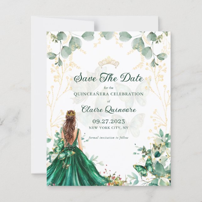 BUDGET Emerald Green Quinceanera Save The Date (Front)