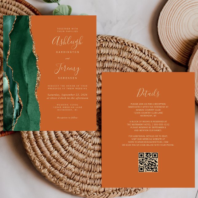 Budget Emerald Green Rust QR Code Wedding Invite (Creator Uploaded)