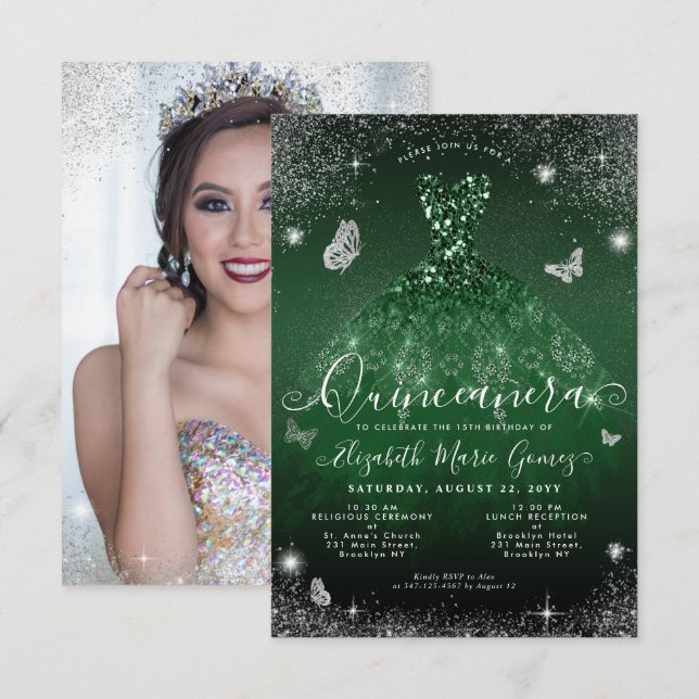 Budget Emerald Green Silver Glam Photo Quinceanera Card (Front/Back)