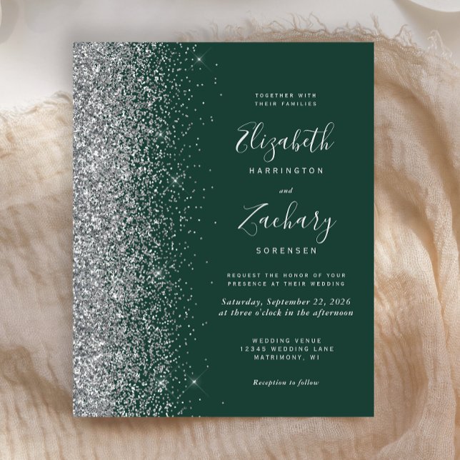 Budget Emerald Green Silver Glitter Wedding Invite (Creator Uploaded)