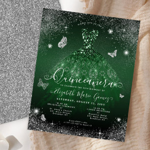Budget Emerald Green Silver Gown Quinceanera Card