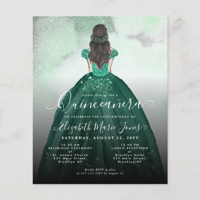 Budget Emerald Green Silver Princess Quinceañera (Front)