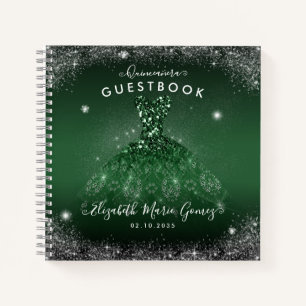 Budget Emerald Green Silver Quinceanera Guestbook Notebook