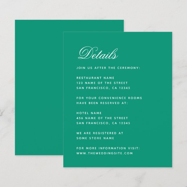 Budget Emerald Green Simple Wedding Details Card (Front/Back)