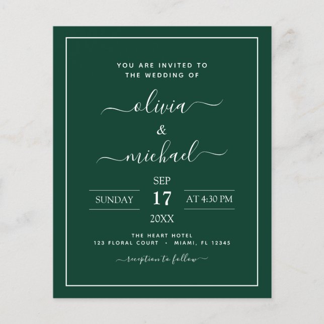 Budget Emerald Green Wedding Modern Typography Fly Flyer (Front)